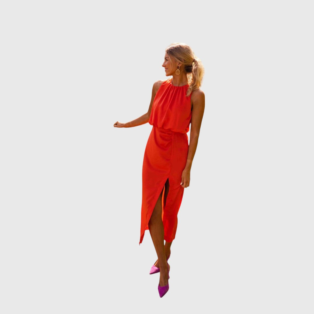 Sally - Halter Slit Midi Dress